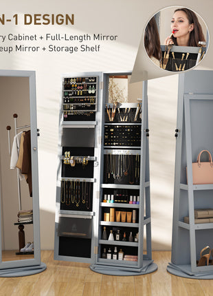 360° Swivel Jewelry Armoire, Lockable Jewelry Cabinet with Full-Length Mirror, Storage Shelves, Gray
