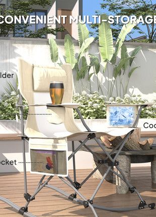 Folding Rocking Camping Chairs, Portable Chairs with Headrest, Cooler Bag, Cup Holder, Carry Bag, 2 Pack, Cream