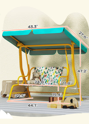 Kids Porch Swing, 2-Seater Patio Swing Bench with Safety Belts, Adjustable Canopy for Backyard, Garden, Green