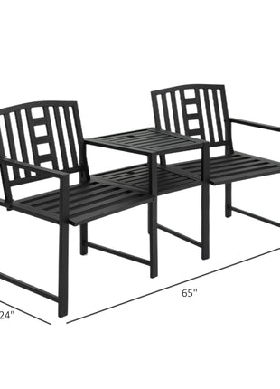 Metal Garden Bench with Middle Table and Umbrella Hole, 2-in-1 Double Patio Chairs, Outdoor 2-person Tete-a-Tete, Slatted, Black