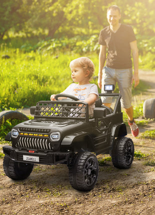 12V Battery Powered Ride On Truck, Kids Electric Car with Spring Suspension, Remote, Horn, USB Music, Black
