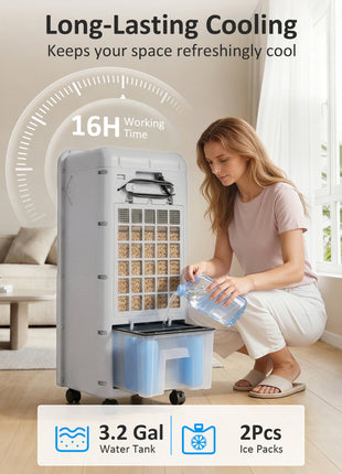 3-In-1 Ice Cooling Fan, Mobile Evaporative Air Cooler with Remote, Timer, Oscillating for Home Office, Bedroom, Gray