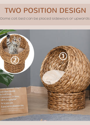 Handwoven Elevated Cat Bed with Soft Cushion & Egg Chair Shape, Basket Bed Kitty House with Stand, Raised Wicker House for Indoor Cats, 23.5" H, Light Brown