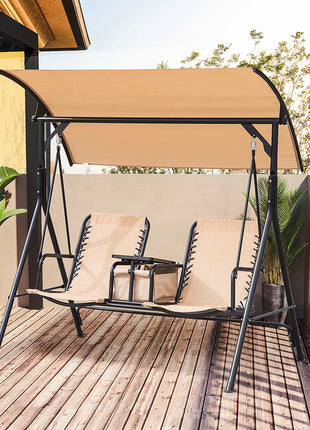 2 Person Porch Swing with Canopy, Storage Table, Cup Holder, Beige