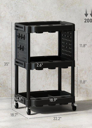 3-Tier Rolling Tool Cart, 200 LBS Capacity Plastic Utility Cart with Side Shelves for Garage Workshop, Black