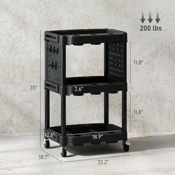 3-Tier Rolling Tool Cart, 200 LBS Capacity Plastic Utility Cart with Side Shelves for Garage Workshop, Black