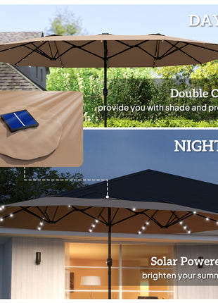 Garden Parasol 14.4 ft. Double-Sided Sun Umbrella with Base, Patio Parasol with LED Solar Lights, Khaki