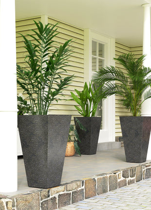 28" Tall Planters, Set of 3 Plastic Flower Pots with Marble Finish and Drainage Holes, Stackable Taper Planters, Black