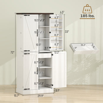 72" Tall Kitchen Pantry Cabinet, Farmhouse Storage Cabinet with 8 Door Racks and Adjustable Shelves, White