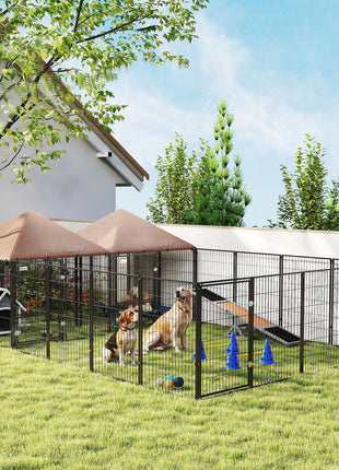 Large Outdoor Dog Kennel with 2 Rooms, Rotating & Adjustable Height Bowls, 13.5' x 9.4' x 5.1'