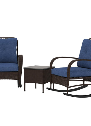 3 Piece Wicker Patio Furniture Set, Outdoor PE Rattan Rocking Chairs with Coffee Table, Cushions for Porch, Brown