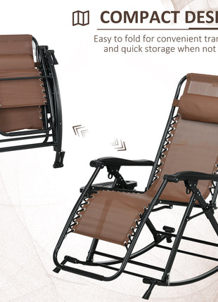 2 Outdoor Rocking Chairs Foldable Reclining Zero Gravity Lounge Rockers w/ Pillow Cup & Phone Holder, Brown