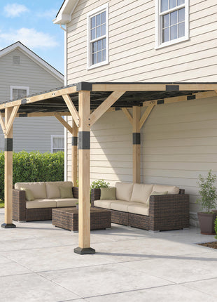 10' x 20' Wooden Gazebo, Hardtop Lean-to Gazebo Pergola with Galvanized Steel Sloped Roof, Light Walnut