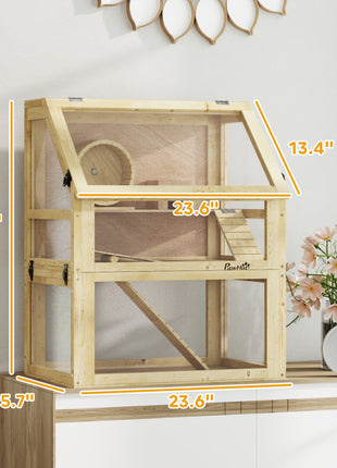3 Tier Wooden Hamster Cage w/ Detachable Bottom, Hut, Seesaw, Exercise Wheel, Ramps, 24" x 16" x 29.5"