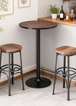 41" H Bar Height Round Bar Table, Rustic Industrial Pub Table, Elm Wood Top Bistro Table with Metal Base