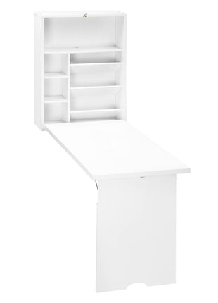 Wall Mounted Fold Out Convertible Desk, Multi-Function Floating Desk with Storage Shelf for Home Office, White