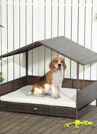 Outdoor Dog Bed with Canopy, Rattan Dog Bed with Soft Cushion Removable Cover for Medium and Large Dogs, Cream White