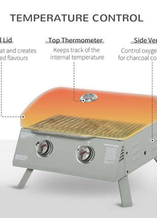 2 Burner Folding Tabletop Gas BBQ Grill w/ Lid, Thermometer, Carbon Steel, Gray