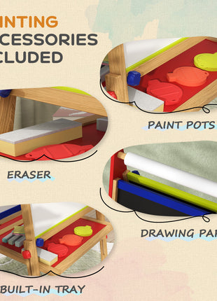 3 in 1 Easel for Kids with Paper Roll, Whiteboard, Chalkboard, Double Sided & Adjustable Height, Nature Wood