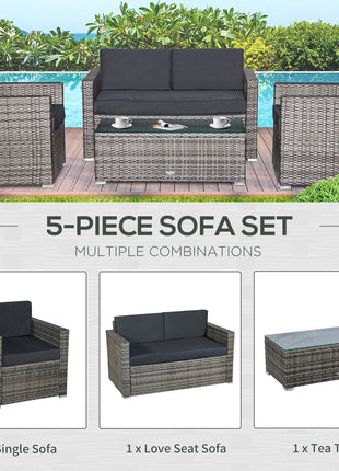 4 Piece Wicker Patio Furniture Set with Cushions, Outdoor Sectional Furniture with 2 Sofa, Loveseat, and Glass Top Coffee Table, Conversation Sofa Sets for Garden, Black