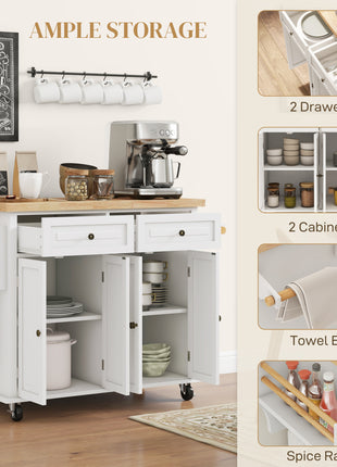 Kitchen Island on Wheels, Rolling Cart with Rubberwood Top, Spice Rack, Towel Rack and Drawers, Cream White