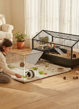 Small Animal Playpen Cage with Rolling Caster, Water Bottle 46.5"