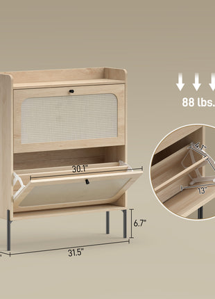 Shoe Cabinet with 2 Flip Drawers, Boho Narrow Shoe Storage Cabinet, Oak