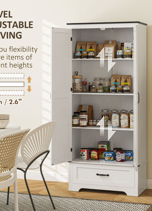72" Farmhouse Pantry Cabinet with Adjustable Shelves, Kitchen Pantry Cabinet with 2 Doors, Distressed White