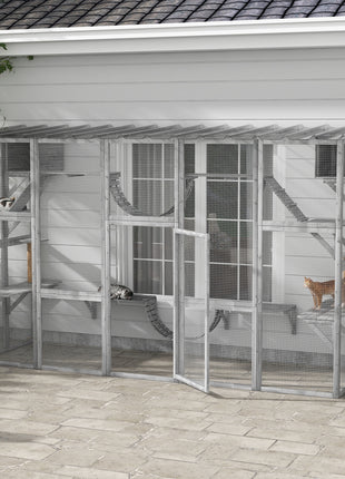 Catio Playground Cat Window Box Outside Enclosure for Multiple Cats w/ Shelves & Bridges, Gray