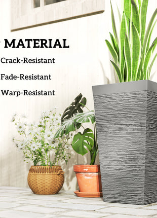 22.8 Inch Set of 3 Outdoor Planters with Stone Finish and Wheels, Stackable Tapered Planters with Drainage Hole, Gray