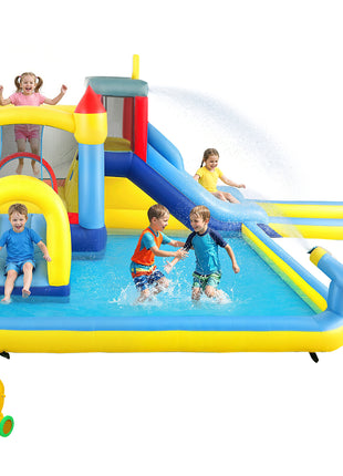 6 in 1 Inflatable Water Slide Park with Splash Pools, 2 Slides, Trampoline, Climbing Wall, Cannon, Basketball Hoop