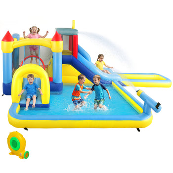 6 in 1 Inflatable Water Slide Park with Splash Pools, 2 Slides, Trampoline, Climbing Wall, Cannon, Basketball Hoop