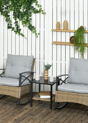3 Piece Patio Rocking Chair Set, Outdoor Wicker Bistro Set with 2 Oversize Cushioned Porch Rockers and 2 Tier Coffee Table for Garden, Backyard, Light Gray