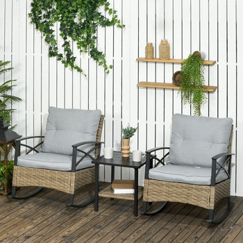 3 Piece Patio Rocking Chair Set, Outdoor Wicker Bistro Set with 2 Oversize Cushioned Porch Rockers and 2 Tier Coffee Table for Garden, Backyard, Light Gray