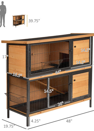 48" 2-Story Large Rabbit Hutch Bunny Cage Wooden Pet House Metal Frame with Rooms, Ramp, No Leak Tray, Feeding Trough, Waterproof Asphalt Roof for Rabbits, Chickens, Ducks, Outdoor/Indoor