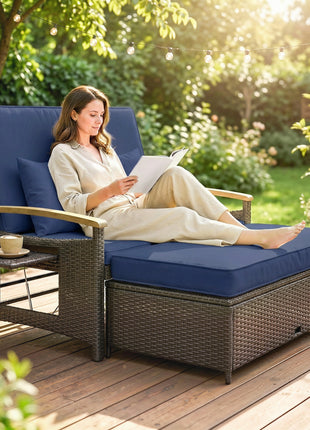 Rattan Outdoor Daybed w/4-Level Adjustable Backrest, Patio Sofa Bed w/Storage Ottoman, Acacia Wood Armrest, Navy Blue