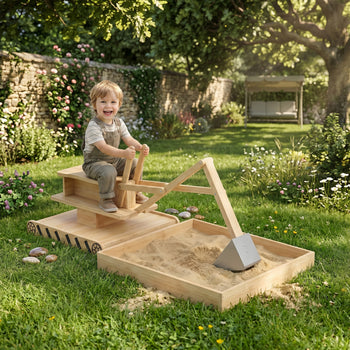 Wooden Sandbox with Digger, Kids Sandbox with 360° Rotating Seat & Bottom Liner, 72" x 35" x 22"
