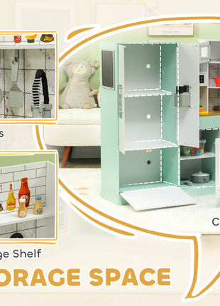 Play Kitchen, Corner Kids Kitchen Playset w/ Chalkboard, Range Hood, Ice Maker, Stove, Microwave, Sound & Lights
