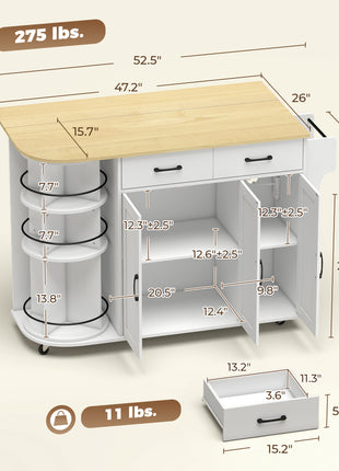 53" Kitchen Island with Power Outlet and Drop Leaf, Kitchen Cart on Wheels with 360° Rotating Rack, White