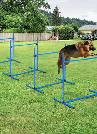 4 Piece Dog Agility Starter Kit with Adjustable Height Jump Bars, Included Carry Bag & Displacing Top Bar - Blue