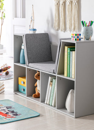 6-Cubby Kids Bookcase with Reading Nook and Cushion, Multi-Purpose Storage Organizer for Bedroom, Living Room, Grey