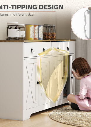 Kitchen Storage Sideboard, Farmhouse Buffet Cabinet with Barn Style Doors, Drawers, Adjustable Shelves, White