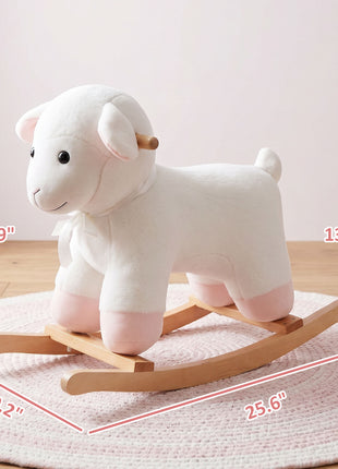 Lamb Rocking Horse Sheep, Nursery Stuffed Animal Ride On Rocker for Kids, Wooden Plush, White