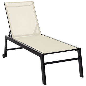 Outdoor Chaise Lounge with Wheels, Five Position Recliner for Sunbathing, Suntanning, Steel Frame, Breathable Fabric for Beach, Yard, Patio, Cream White