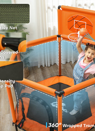 48" Kids Trampoline  with Safety Enclosure Net, Basketball Hoop for Ages 3-6, Gifts for Boys & Girls, Orange