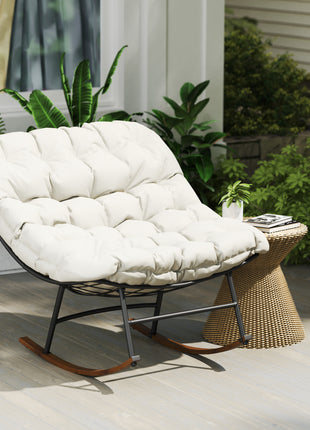Outdoor Rocking Chair Patio Set of 2, Oversized Rocking Papasan Chairs with Cushions for Garden Porch, 265 lbs., Beige