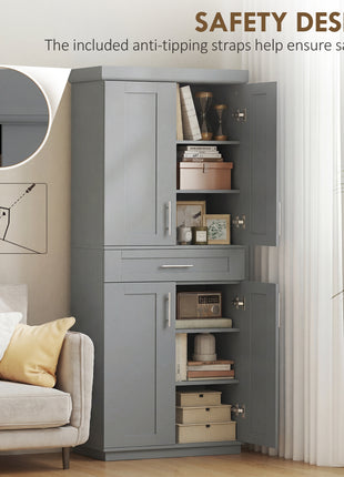Modern Kitchen Pantry Freestanding Cabinet Cupboard with Doors and Drawer, Adjustable Shelving, Gray