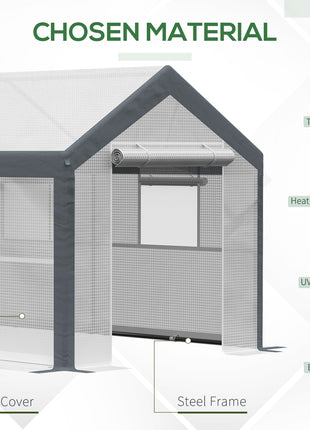 12' x 7' x 7' Greenhouse, Walk-in Outdoor Tunnel Green House with PE Cover, Steel Frame, 2 Roll-Up Zipper Doors & 4 Windows for Flowers, Vegetables, Tropical Plants, White/Dark Gray