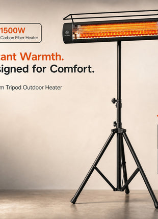 Electric Patio Heater, 1500 W Standing IP65 Outdoor Infrared Heater with Tripod, 3 Heat Levels, 24H Timer, Black