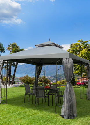 118" x 118" Steel Outdoor Patio Gazebo Canopy with Removable Mesh Curtains, Display Shelves, & Steel Frame, Gray